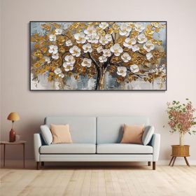 3DTextured Wall Art Gold Foil Painting Trees Art Original Gold White Blooming Tower Tree Painting On Canvas Living Room Art Natural Painting