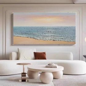 Waves and Beach on Sunset Seascape Art Modern Wall Art Oversized Oil Painting Canvas Blue Beach Artwork Ocean Painting