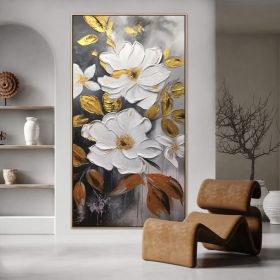 Large White and Gold Flowers Painting 3D Textured Modern Floral Wall Art Abstract Oversized Nature Palette Knife Painting on Canvas
