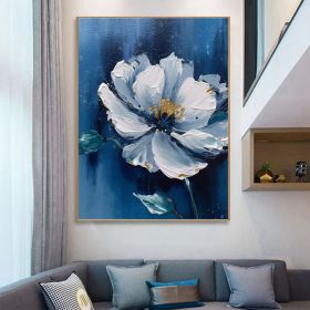 Blue Original Flower Oil Painting On Canvas Large Blue Wall Art Abstract Floral Painting 3D Blue Flower Textured Wall Art Living Room Decor