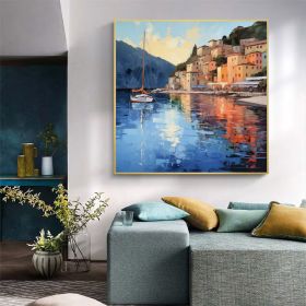 Abstract Coastal Landscape Oil Painting On Canvas Large Wall Art Original Mediterranean Art Custom Painting Blue Ocean Decor Cityscape Art