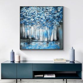 Pure Hand Painted Oil Painting Blue Forest Nordic Abstract On Canvas Wall Art Decorative Trees Painting Living Room Porch Canvas Art Atmospheric Mural