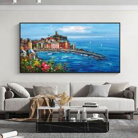 Hand Painted Original Mediterranean Landscape Oil Painting On Canvas Impressionist Mediterranean-Sea Canvas Art Textured Coastal Wall Art For Bedroom