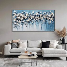 Minimalist Blue Background Texture Wall Art 3D White Cherry Blossoms Canvas Oil Painting Natural Floral Plant Landscape Mural Fashion