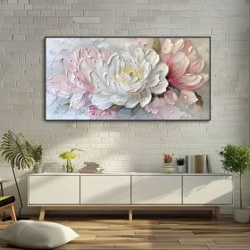 3D Palette Knife Painting Abstract White Peony Texture Wall Art Blossoming Pink Flowers Canvas Oil Painting Exquisite Living Room Decor