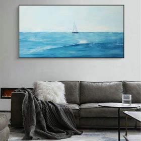Large Blue Abstract Nautical Oil Painting on Canvas Minimalist Ocean Landscape Painting Blue and white Ocean Sky Art Living Room Wall Decor