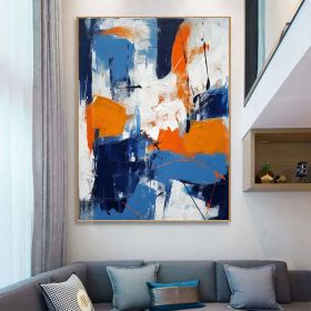 Large Original Abstract Painting Orange Textured Art Blue Abstract Painting Geometric Acrylic Painting on Canvas Modern Canvas Wall Art