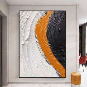 Handmade Oil Painting Original Black White Minimalist Abstract Painting For Textured Wall Art For Orange Textured Painting For Abstract Canvas Art