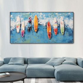 Handmade Oil Painting Custom Colored Surfboard Original Summer Surfing Swimming Party Abstract Blue Ocean Seascape Canvas Wall Art Home Decor Gift