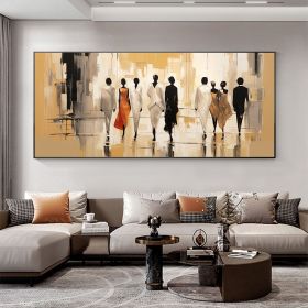 Hand Painted Abstract Walking People Oil Painting On Canvas Large Wall Art Original Golden Modern Wall Art Living Room Wall Decor Retro Wall Art Gift
