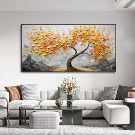 Hand Painted Tree Texture Landscape Painting Modern Tower Tree Canvas Oil Art Living Room Decor Orange Autumn Wall Mural Bedroom Wall Decor Warm