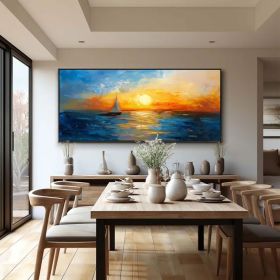 Large Abstract Blue Ocean Oil Painting on Canvas Original Sunset Seascape Wall Art Nautical Art Painting Modern Living Room Wall Decor