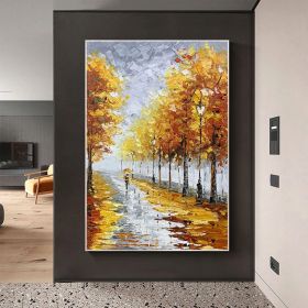 Minimalist Forest Oil Painting on Canvas Large Wall Art Original Abstract Tree Landscape Art Custom Painting Yellow Autumn Decor Home Decor