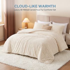 1PC Thick Reversible Plush Comforter, Soft Striped Fluffy Quilt, All Season Warm Bedding Comforter For Home Bed (Option: Beige-90x90 inch)