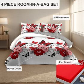 4-Piece Red Butterfly Floral Bedding Set (Queen/King/Cal King) - Microfiber Duvet Cover + Pillow Shams + Fitted Bed Sheet (Option: red butterfly peony-KING)