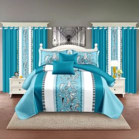 9-Piece Turquoise Paisley Bedding & Curtain Set (Queen/King/Cal King) - Quilted Microfiber Bedspread + Sheer Curtains (Option: blue/white stamen-CAL KING)