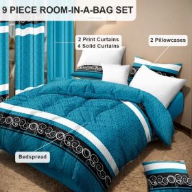 9-Piece Turquoise Swirl Bedding & Curtain Set (Queen/King/Cal King) - Quilted Microfiber Bedspread + Sheer Curtains (Option: blue/black boho-QUEEN)