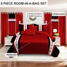 9 Piece Soft All-Season Washed Microfiber Cover Set , Queen/King/Calking Bedding Set With Pillowcases,Bedspread Print Curtains & Solid Curtains,P (Option: red and white Boho-KING)
