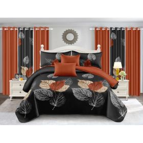 9 Piece Soft All-Season Washed Microfiber Cover Set , Queen/King/Calking Bedding Set With Pillowcases,Bedspread Print Curtains & Solid Curtains,P (Option: Brown/Black Leaf-TWIN)