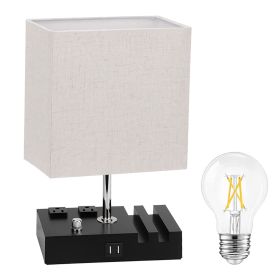 1Pc Fully Dimmable Table Lamp For Bedroom Living Room Bedside Lamp For Nightstand Dual USB Ports 2 Power Outlets LED Bulb Included (Color: Beige)