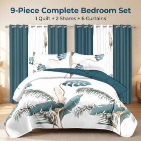 9 Piece Tropical Palm Leaf Quilt Set With 6 Independent Curtains, Heavyweight High-GSM Bedspread And Light Filtering Window Drapes Bundle, Teal B (Option: Tropical Palm Leaf-CAL KING)