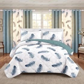 Blue Feather 9 Piece Bedspread Set, Quilted Bed Cover with Matching Curtains and Pillowcases, Queen King Cal King, Soft Easy Care (Option: Blue Feather-QUEEN)