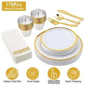 175PCS Disposable Gold Rim Dinnerware Set for 25 Guests - Premium Plastic Plates Cups Cutlery Napkins, Perfect for Wedding Birthday Halloween Chr (Option: King)